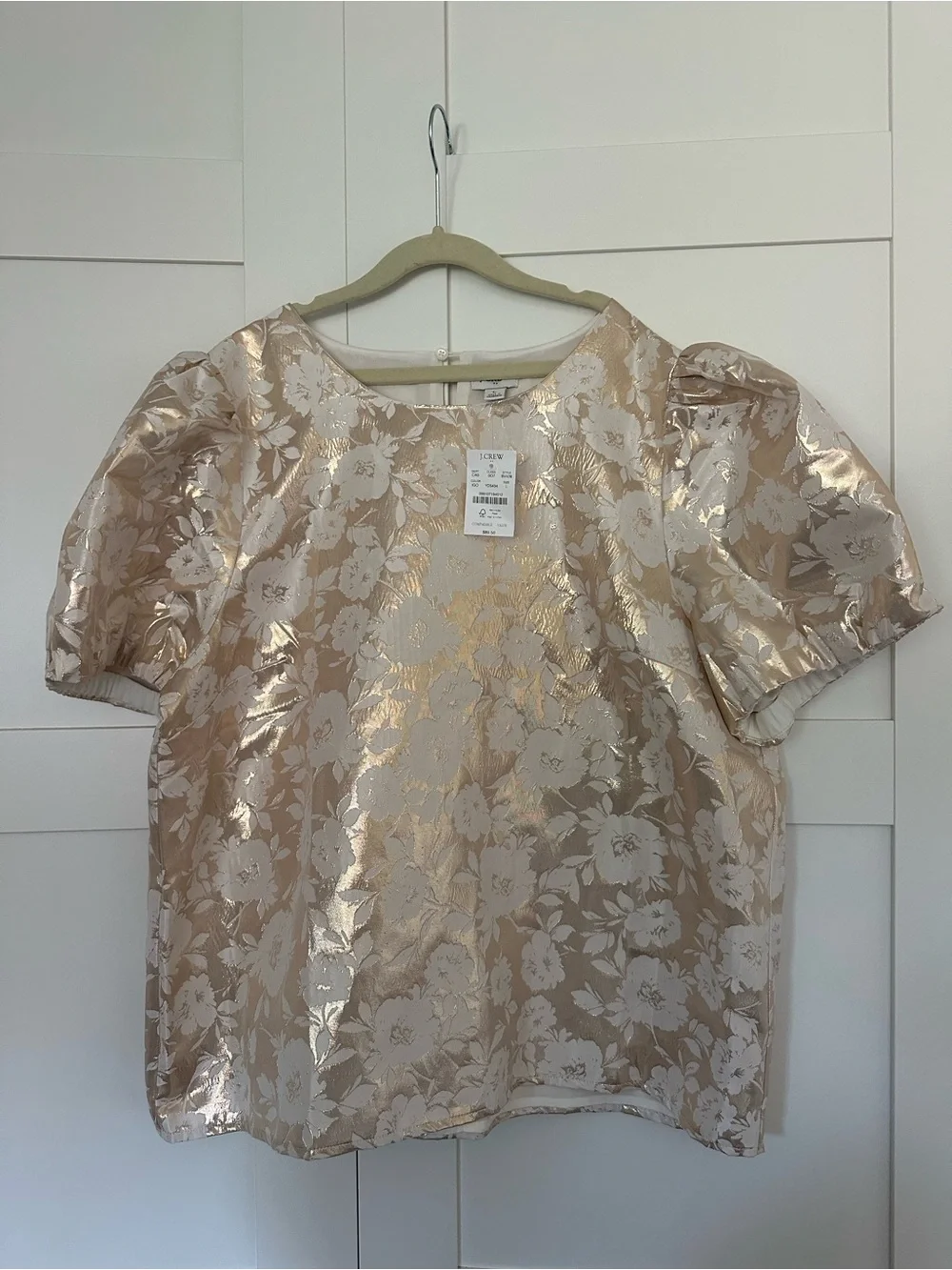 J Crew Metallic Floral Puff-Sleeve Top in Gold